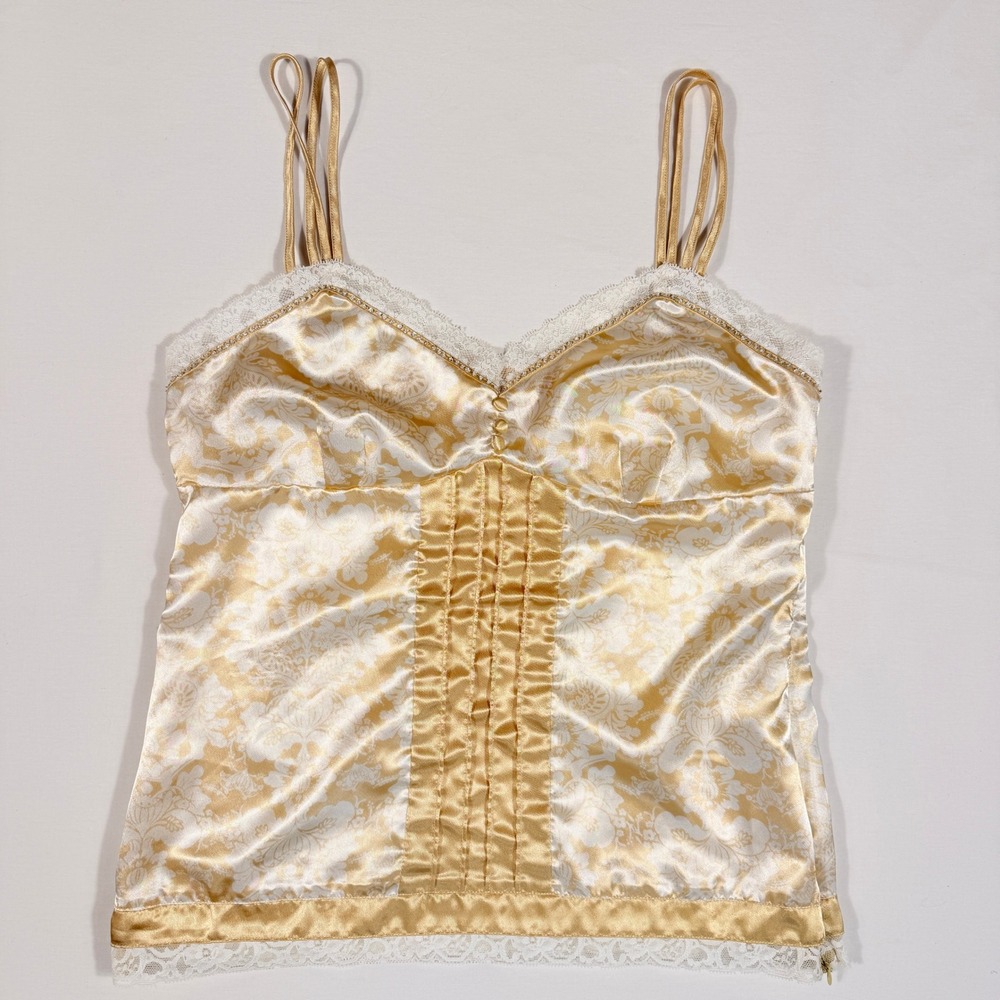 Y2K Kenzie Intimates Gold Lace Rhinestone Camisole Large Satin Lingerie Sleep - Picture 1 of 11
